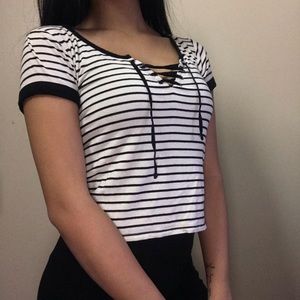 Striped cropped lace up shirt